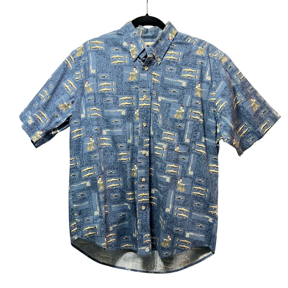 Vintage 90s Munsingwear‎ Fishing Button Up Shirt M Blue Fly Fisherman Trout